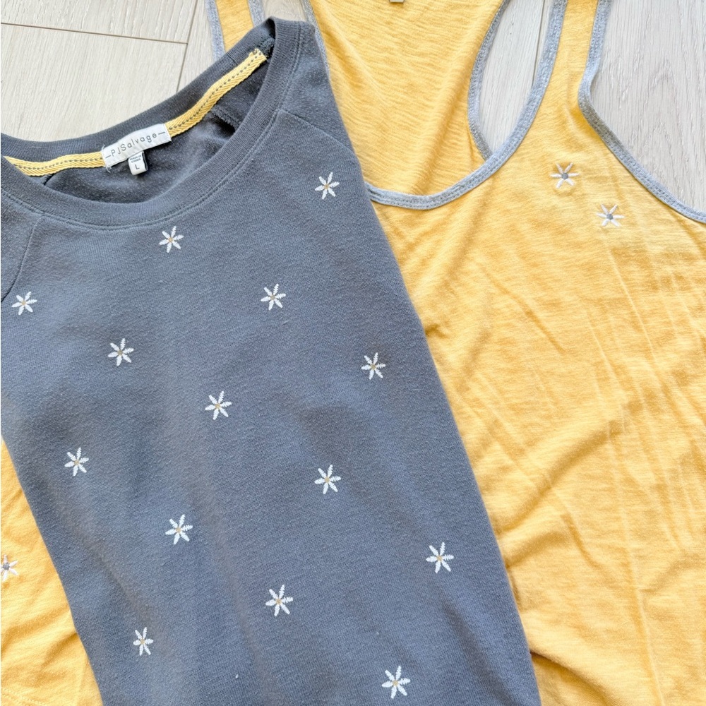 PJ Salvage Grey and Yellow flower embroidered coordinating PJ tops